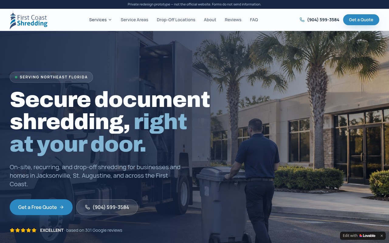 Screenshot of the First Coast Shredding Lovable homepage with navigation, headline, and quote buttons