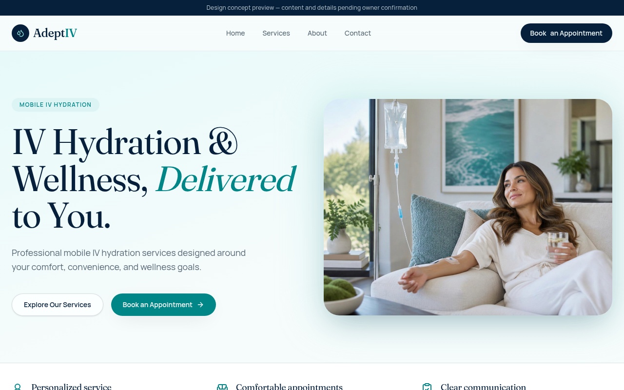 Actual Adept IV website concept screenshot with mobile IV hydration treatments, wellness imagery, and appointment inquiry buttons