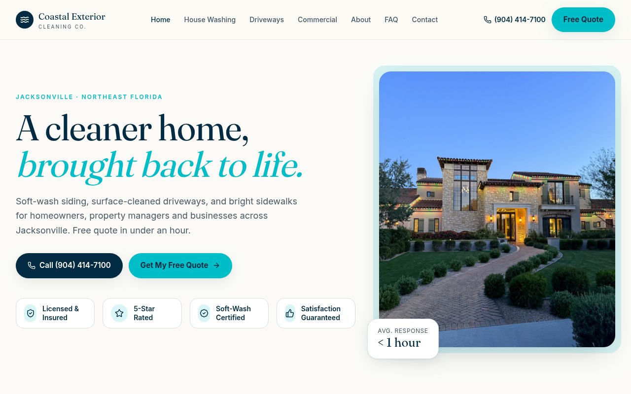 Desktop screenshot of the upcoming First Coast Shine exterior cleaning website concept