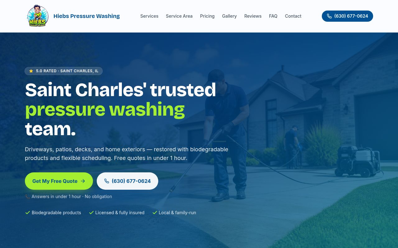Desktop screenshot of the Hiebs Pressure Washing website, showing its exterior cleaning services and quote request buttons